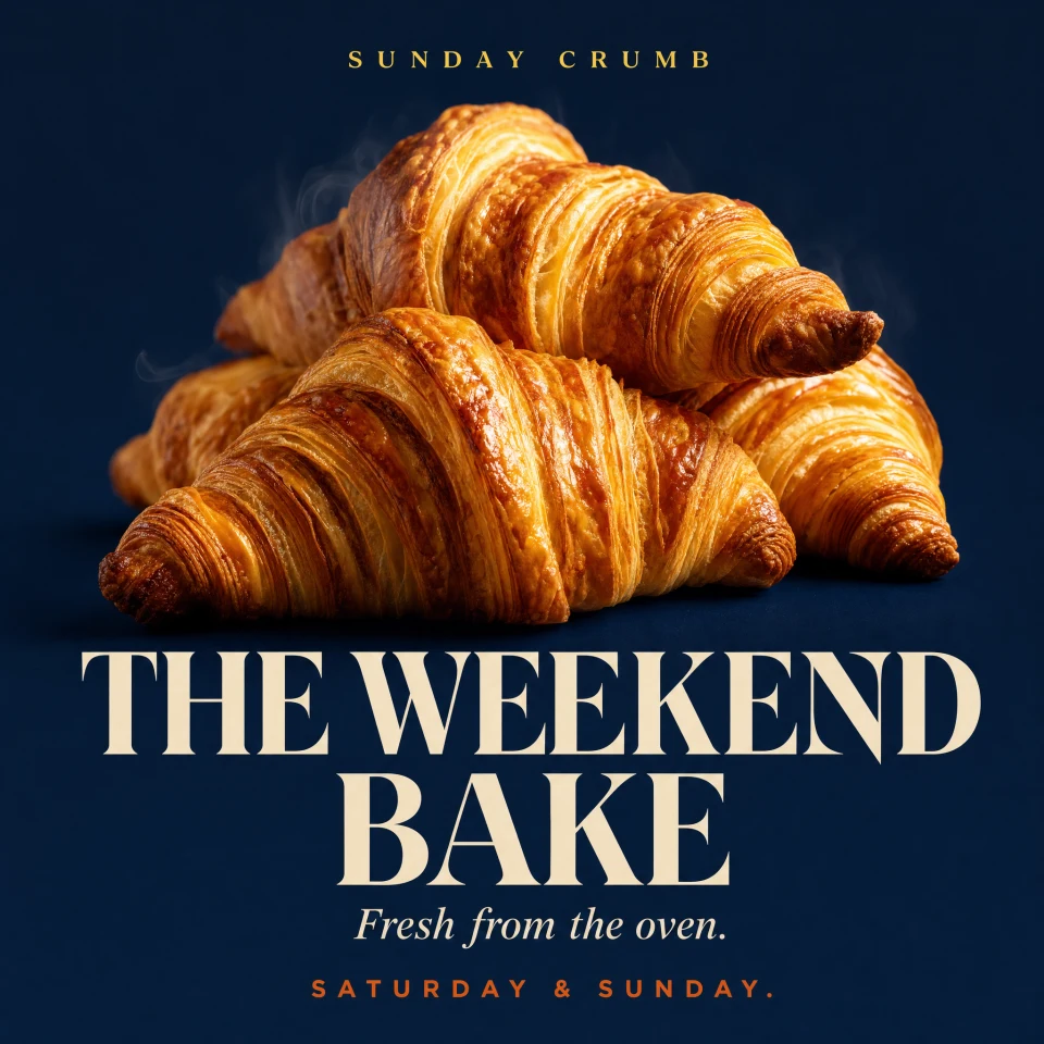 Sunday Crumb social ad featuring golden croissants on navy with the headline The Weekend Bake