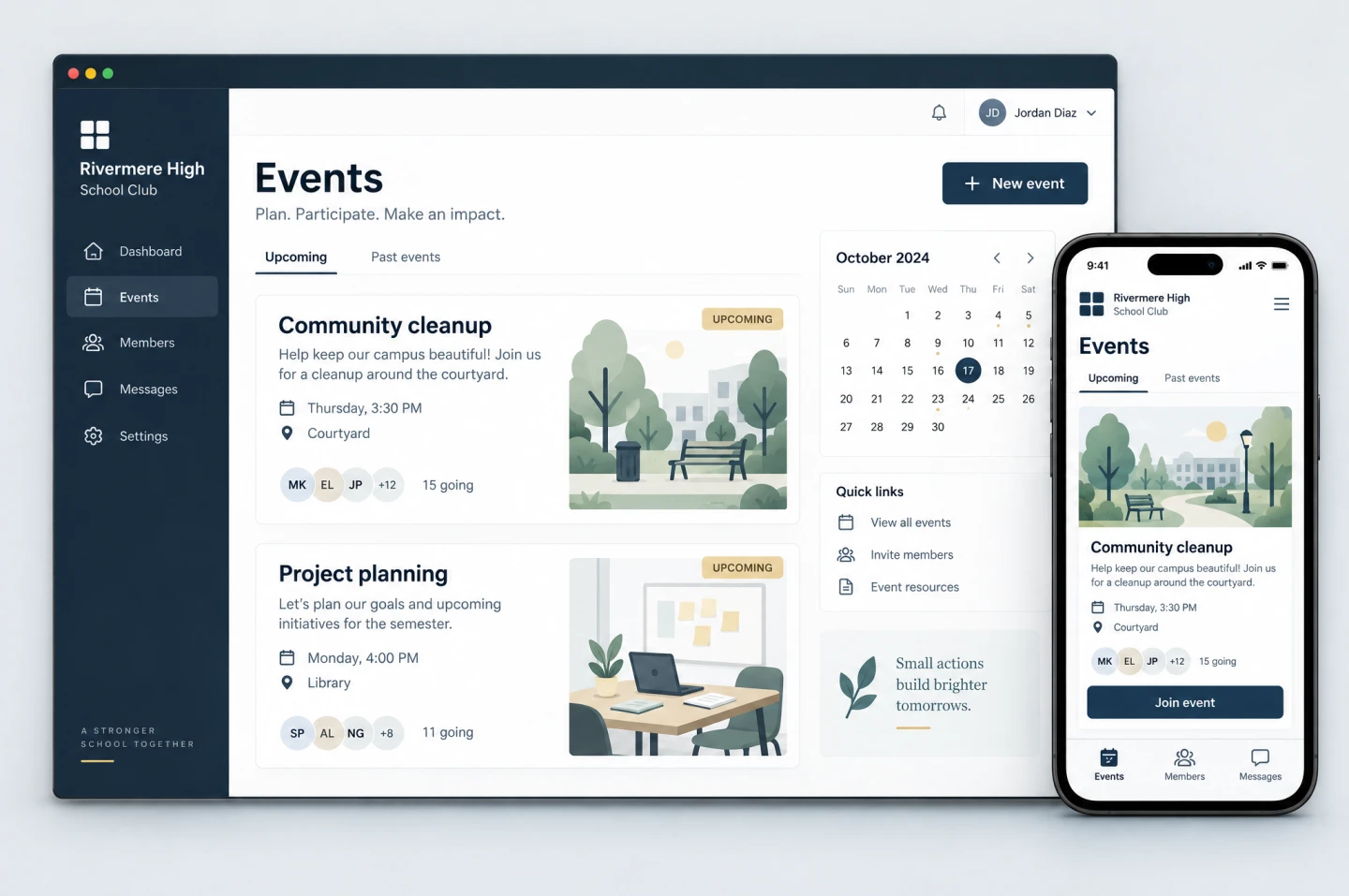 School club app on desktop and mobile, with event management, a calendar, member navigation, and event sign-ups